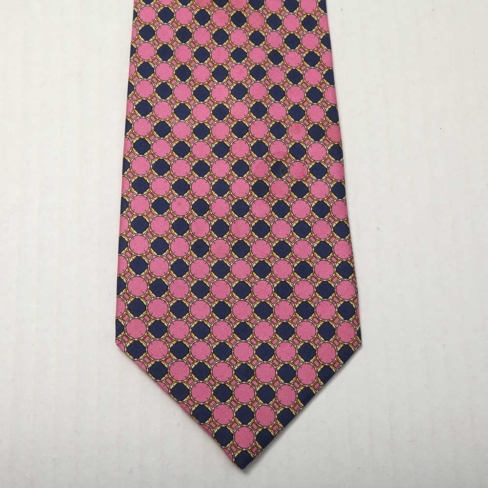 Piaget Tie Pink Navy Gold Chain Geometric Silk Italy 3-3/4 x 59-1/2